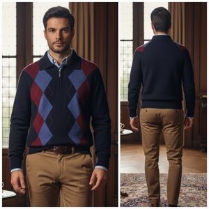 Everman L Old Money Argyle Prep Eclectic Grandpa Wool Blend Quarter Zip Sweater